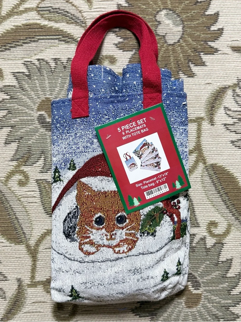 Christmas Placemats with Tote Bag Holiday Tapestry Kitten Cat New